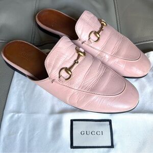 GUCCI Princetown Leather Horsebit Loafer Mules Sz 37.5 Perfect Pink Italy Made